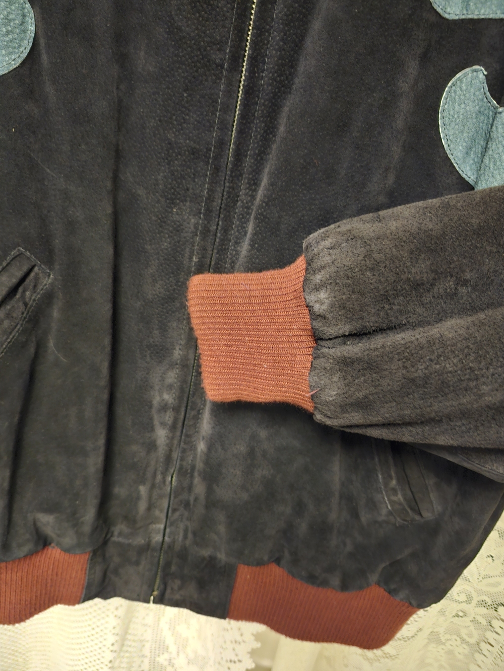 Ssatori Vintage Colorblock Leathet Bomber Jacket in Maroon, Teal & Black MED - Picture 3 of 11